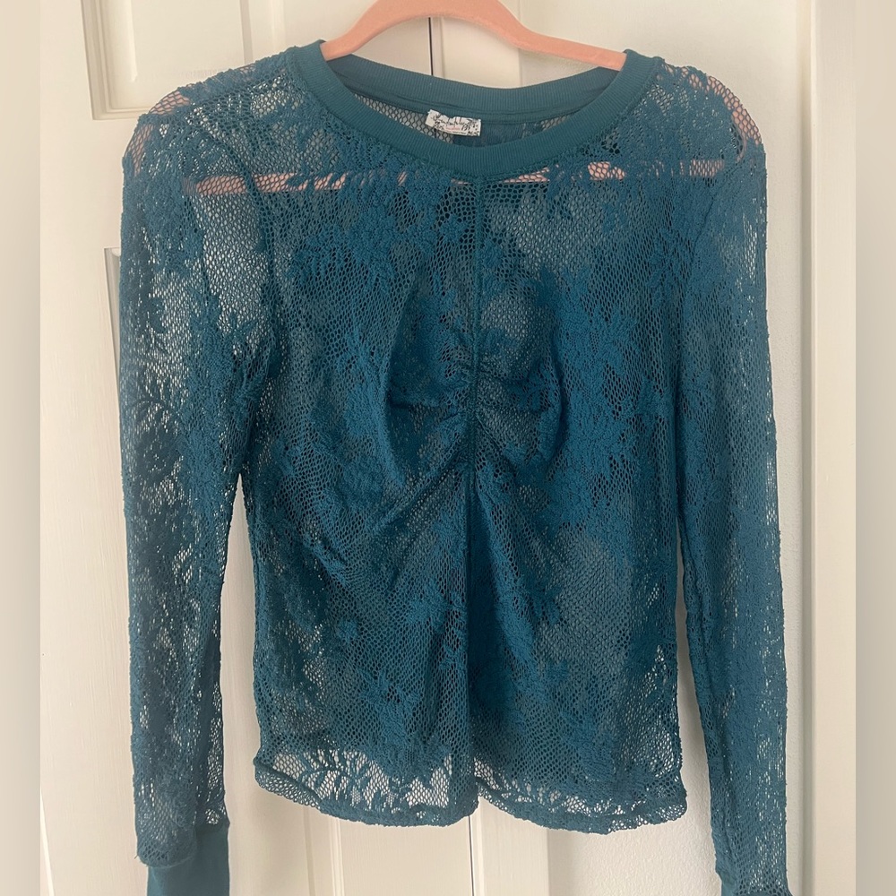 Free People Blue/Green Lace Long Sleeve Top